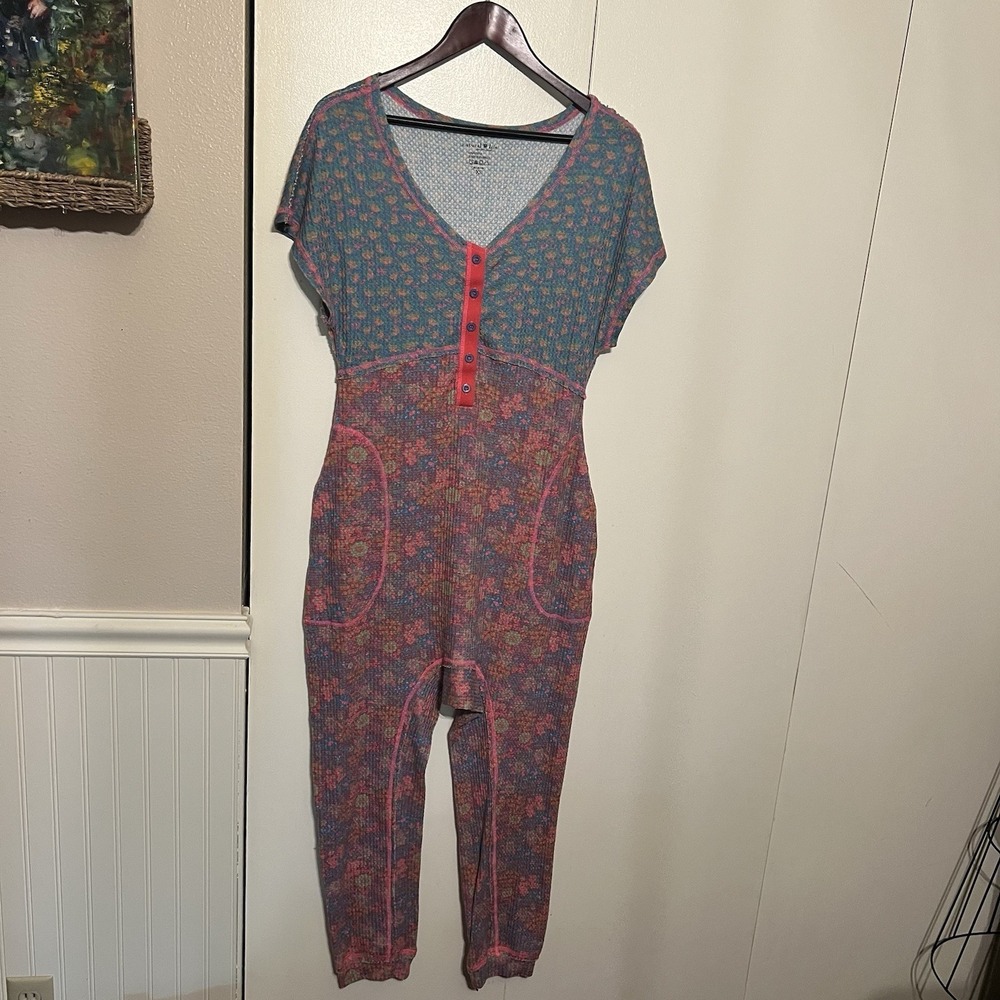 Natural Life Floral Thermal Henley Jumpsuit Size XS Cozy Loungewear W/ Pockets